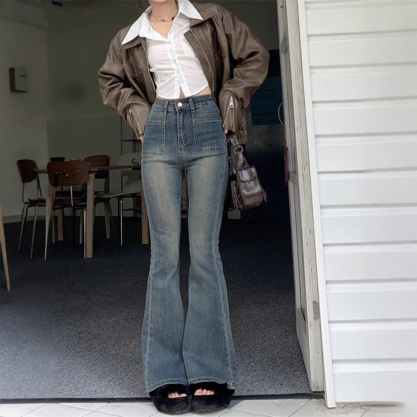 大码女装胖mm复古微喇牛仔裤