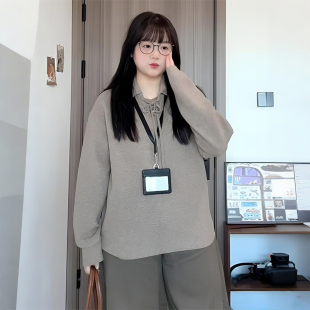 T恤胖mm简约百搭遮肉显瘦休闲上衣 慵懒风系带翻领长袖 特大码 女装