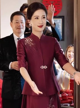 喜婆婆婚宴装2025年秋冬新款时尚气质妈妈礼服高贵红色两件套装