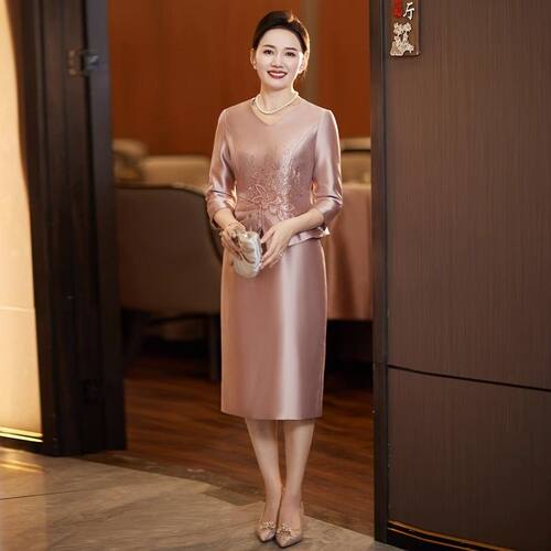 喜妈妈婚宴礼服春秋季新款结婚喜婆婆装敬酒服日常可穿V领连衣裙