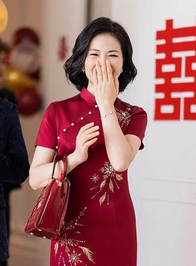 喜婆婆婚宴装旗袍连衣裙女妈妈高贵洋气2025秋季新款红色宴会礼服