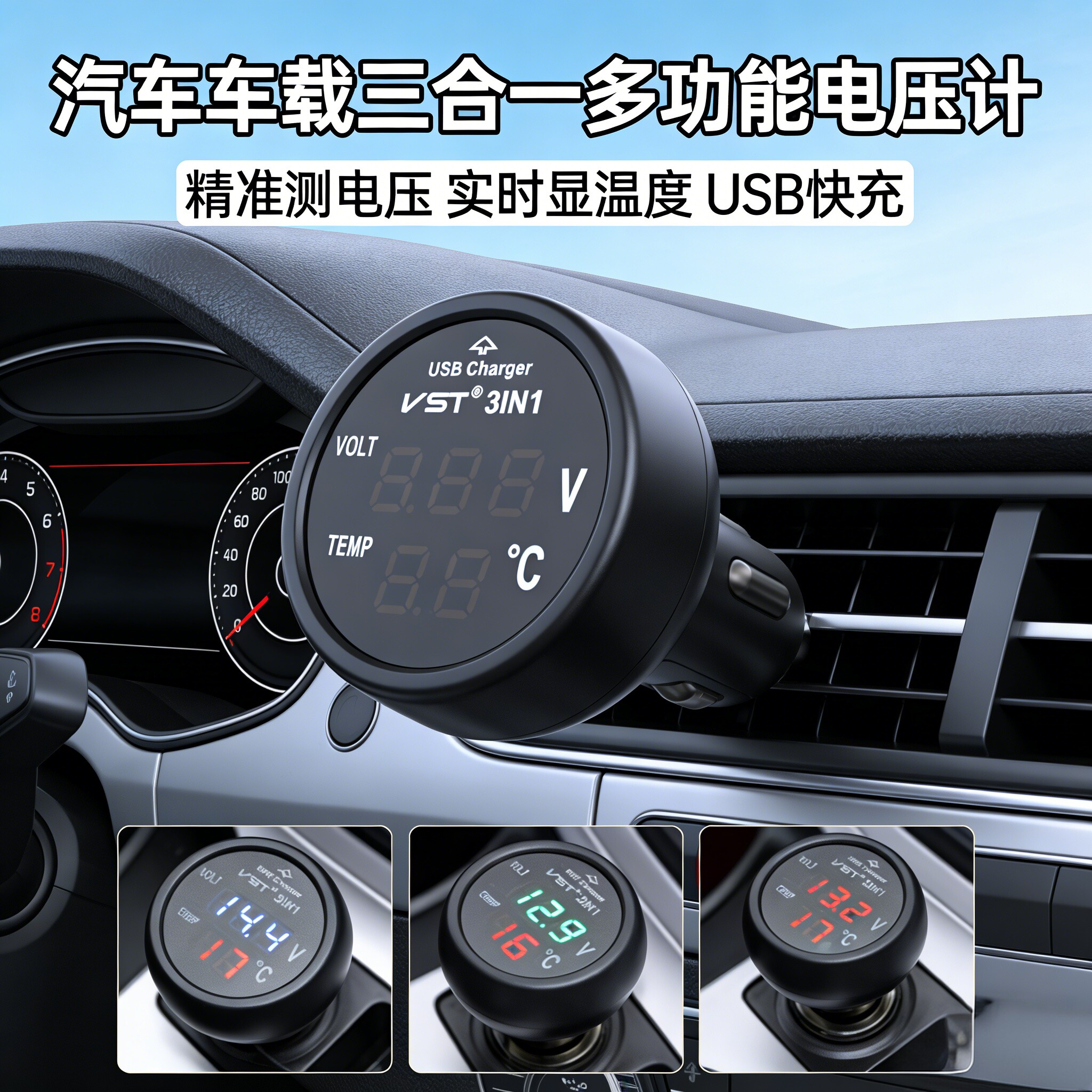 汽车车载双温度车载电压监测三合一多功能车载电压计时间计温度计