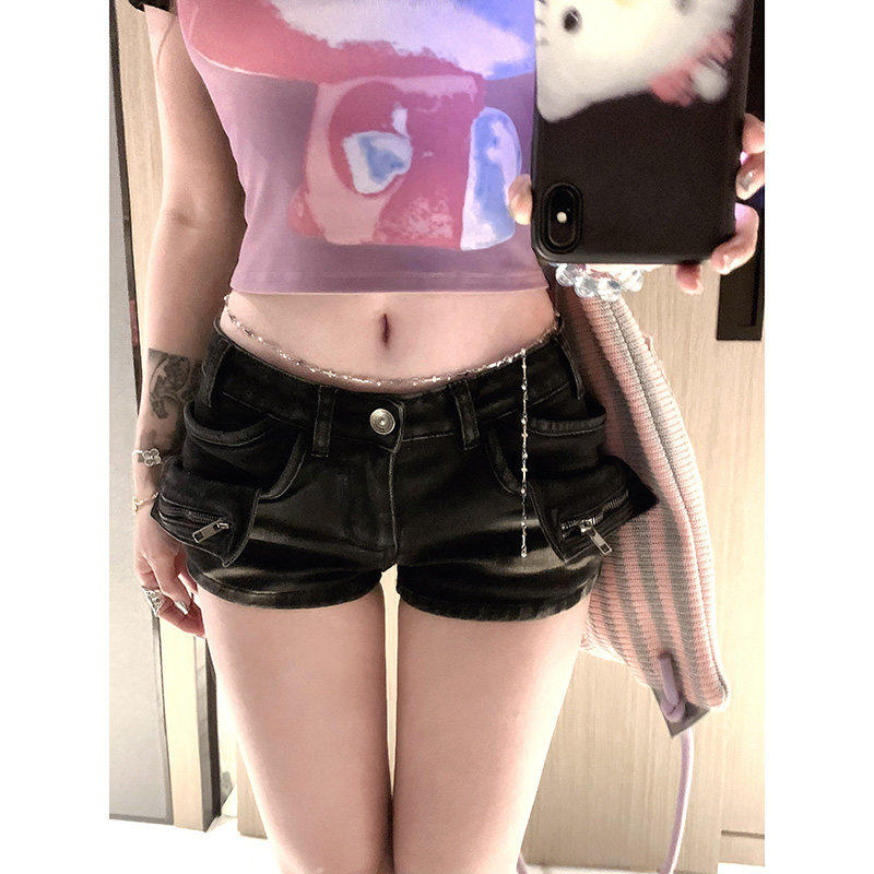 Suuuicee 科切拉之夜 黑色低腰辣妹复古牛仔短裤小个子紧身热裤
