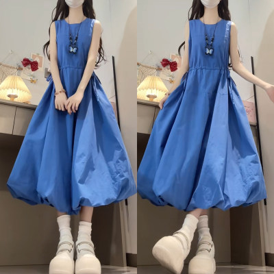 法式蓝色无袖背心洋装子