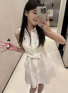 ADVANCED白色polo领衬衫式洋装女夏季刺绣系带无袖收腰显瘦短裙