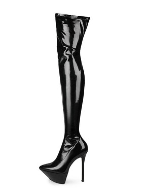 欧美新款15cm超高跟防水台尖头恨天高长靴反串cd超大码靴子40-45