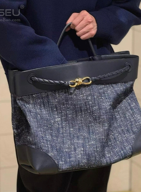 Andiamo新款丹宁蓝牛仔拼接手提包大号托特包单肩斜挎包男女通用