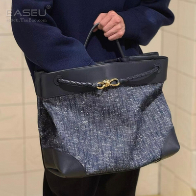 EASEU圈绒牛仔拼接大号托特包