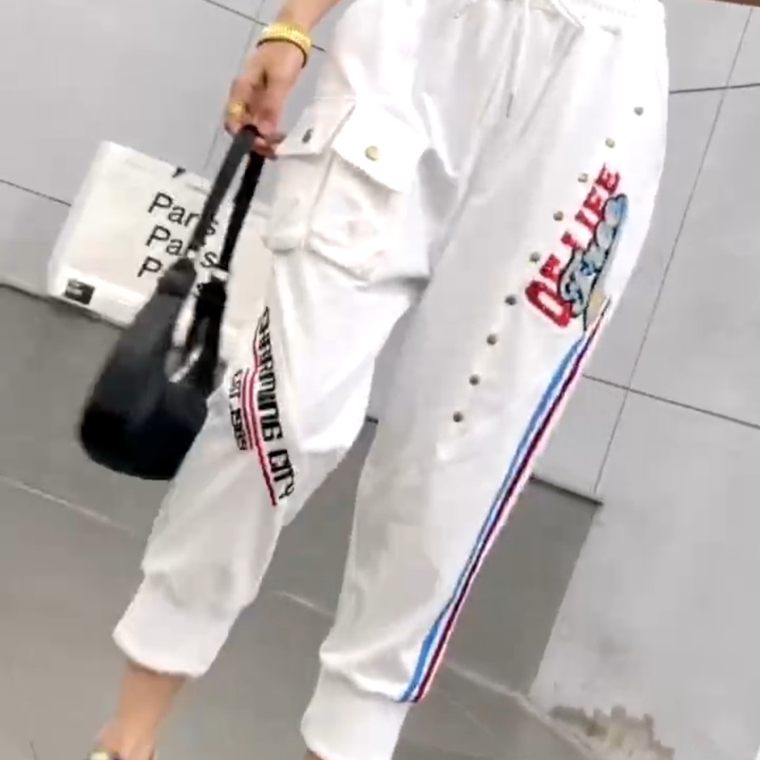 欧韩潮牌2023夏季新款显瘦刺绣弹力女士松紧腰卫裤垮裤八分运动裤