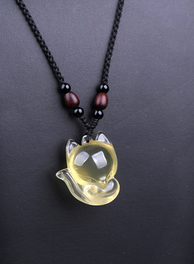 天然黄水晶小狐狸双面雕刻招桃花