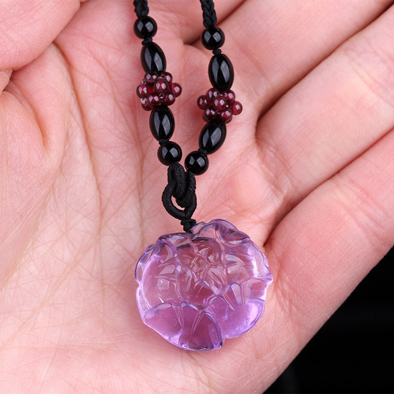 收藏品天然紫水晶吊坠原石玫瑰花雕刻件配绳项链挂件花开富贵礼物
