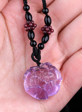 天然紫水晶吊坠花开富贵雕刻件