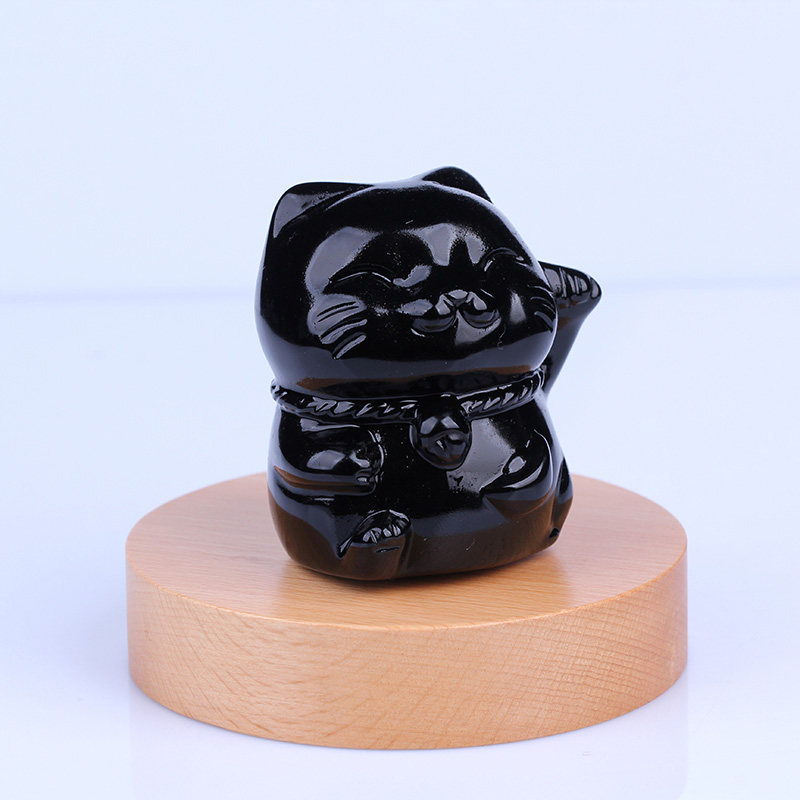 天然黑曜石招财猫摆件手把件把玩