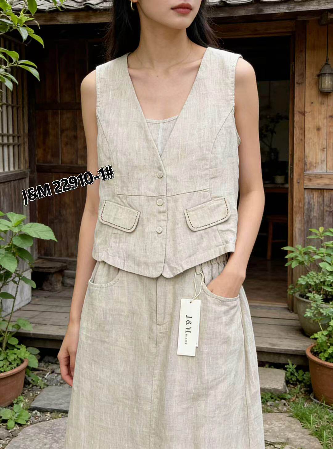 JM22910亚麻马甲女夏季薄款纯亚麻V领无袖宽松短款背心外套潮