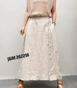 JM26221新中式国风蕾丝拼接亚麻半身裙女夏季新款高级感气质开叉