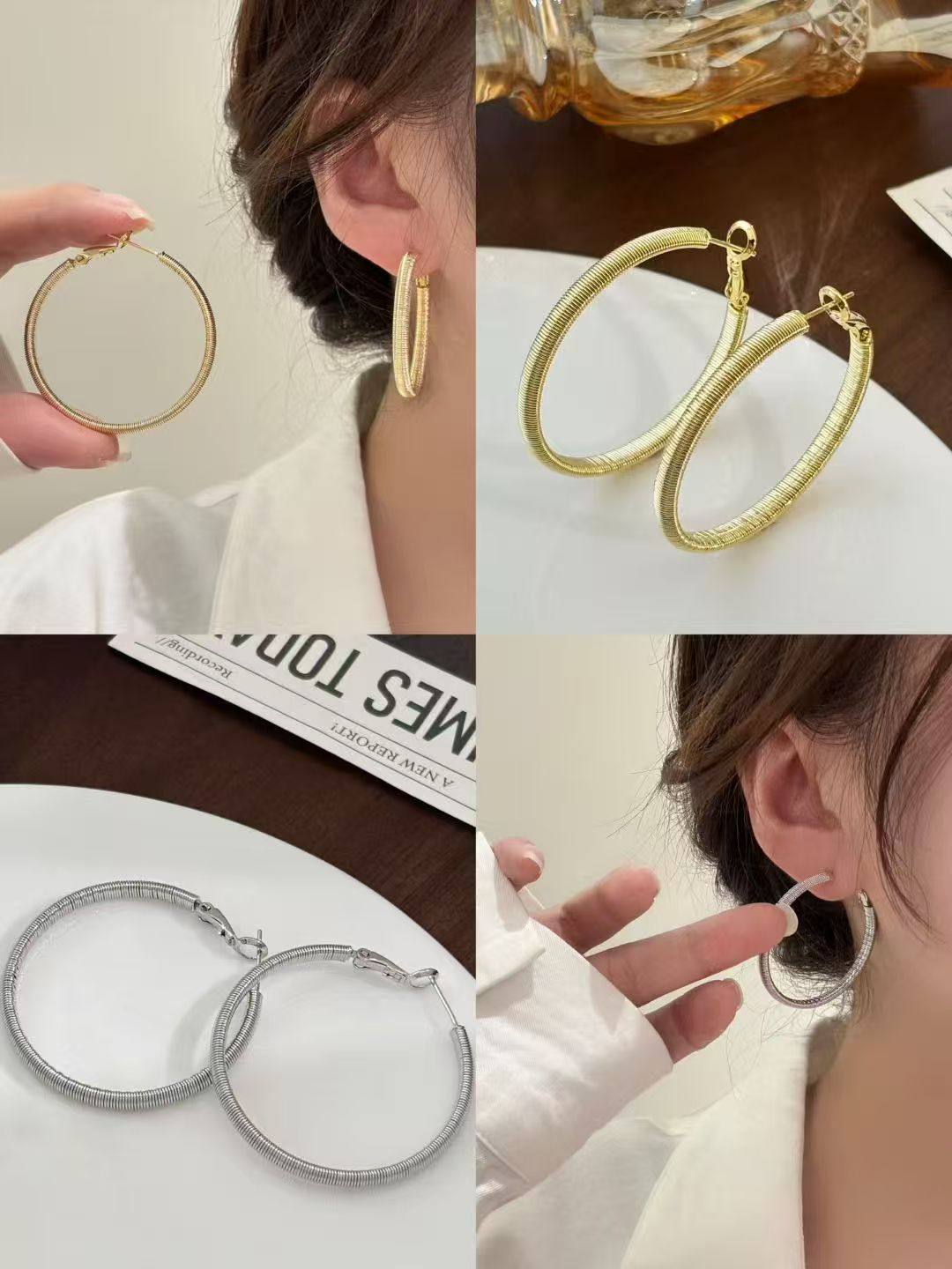 丽贝丽影小众夸张金属纹理耳圈气质时尚法式高级感大气耳饰4㎝女