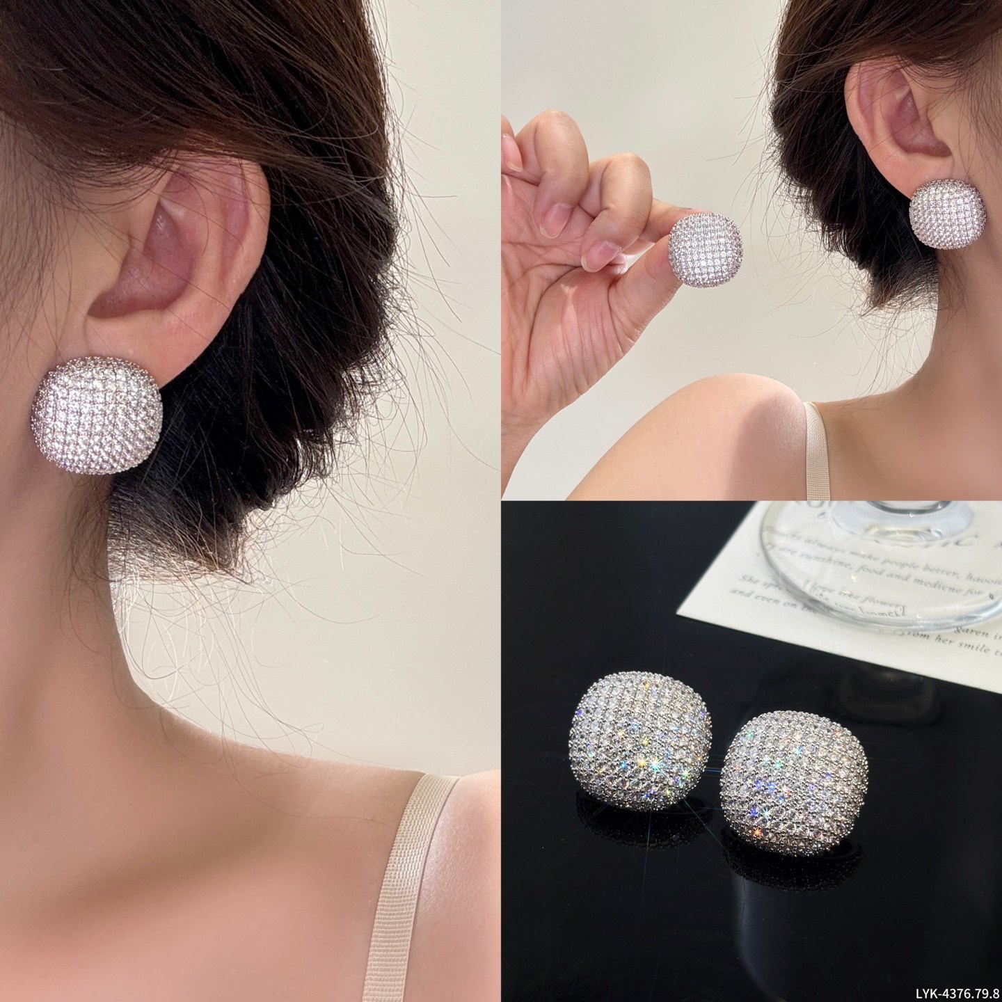 丽银/丽贝丽影耳饰气质时尚轻奢高级感超闪满钻丽华几何银针耳钉