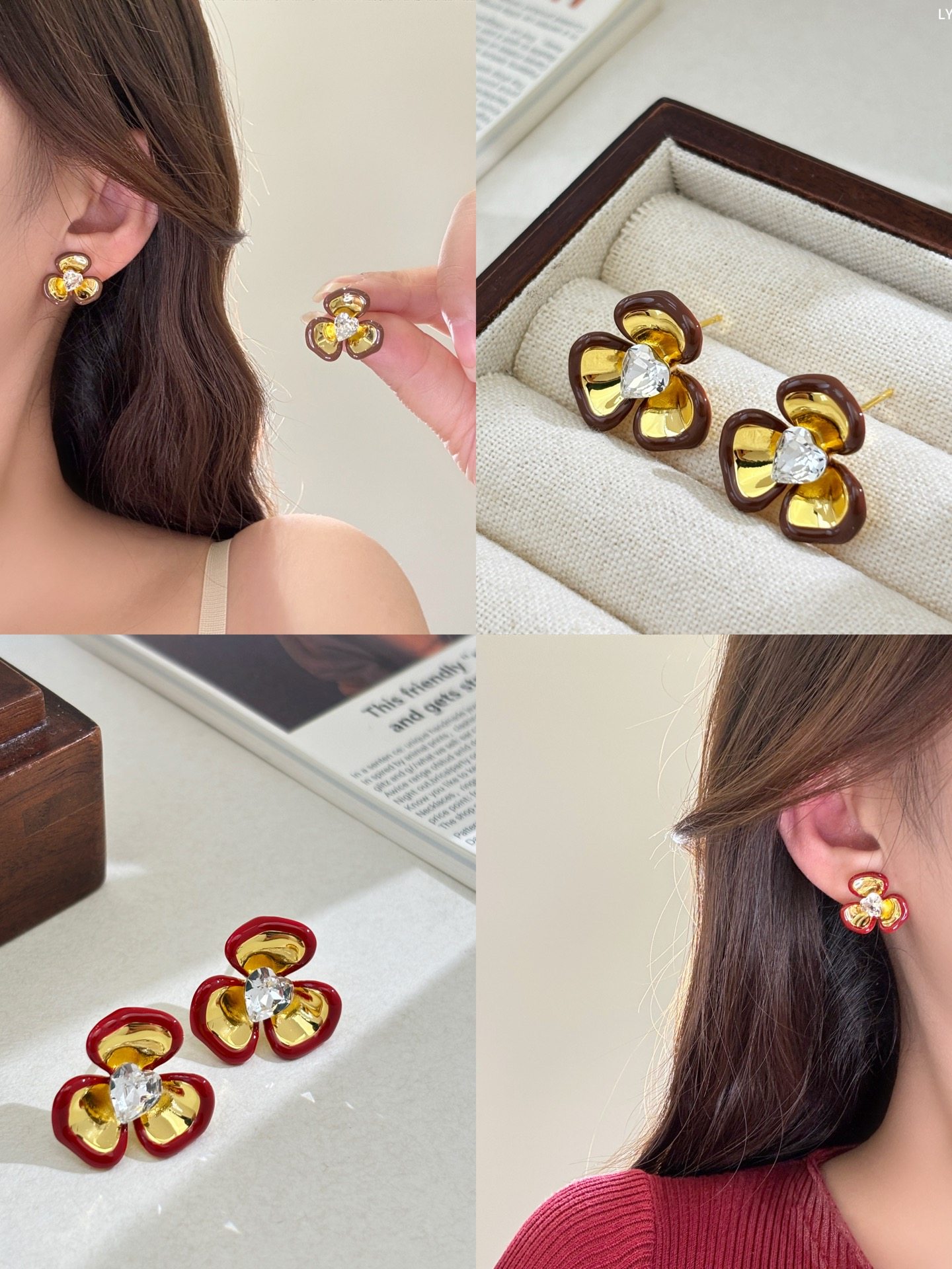 丽银饰品新款超仙花瓣烤漆锆石爆款轻奢小众花朵耳钉百搭耳饰