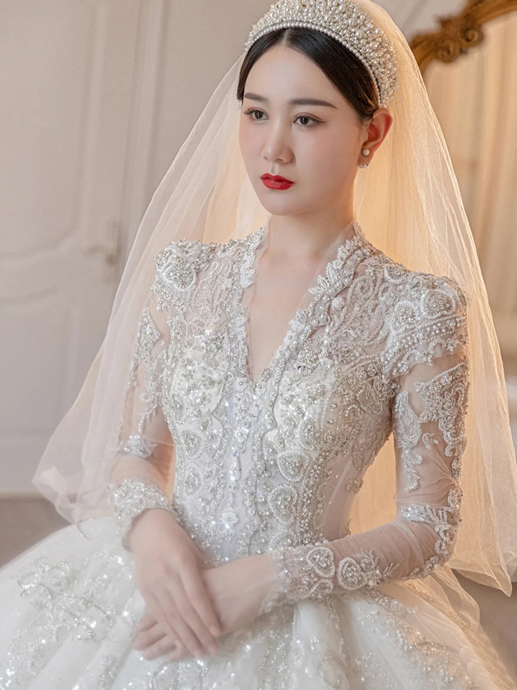 Advanced wedding dress, long sleeve, french style, plus size, high-quality style