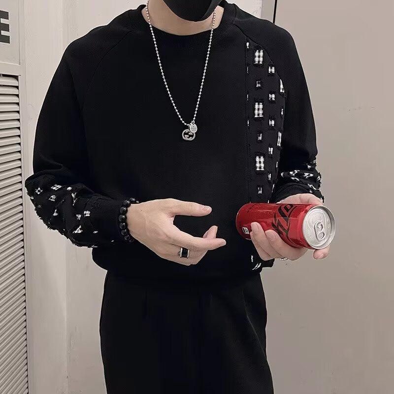 美式破洞拼接长袖卫衣小众设计感重磅T恤高级感男士春秋格子外套