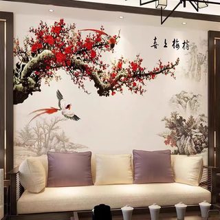 新中式家用电视背景墙布客厅沙发卧室浮雕花开富贵壁布国画壁画