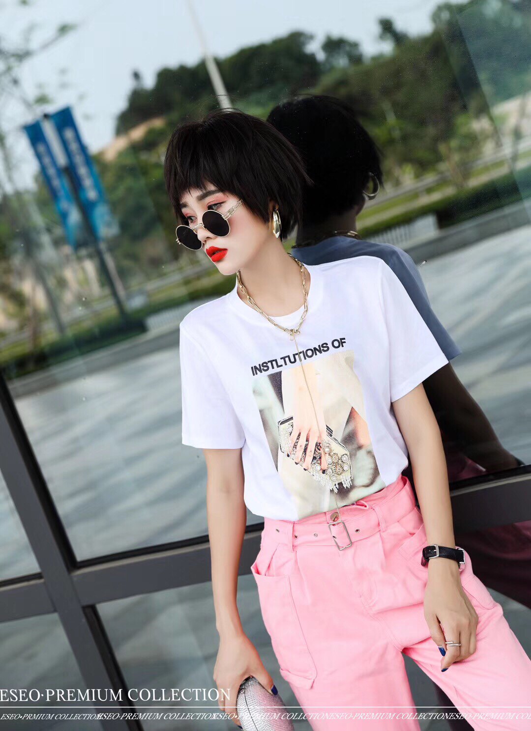 欧货t 2019夏季新款重工亮片美女图案休闲宽松白色短袖t恤衫女潮