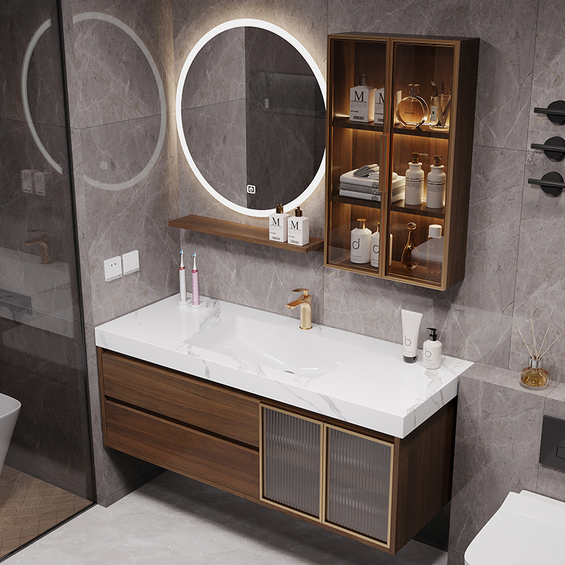 现代简约实木浴室柜岩板无缝盆盆卫生间洗漱台洗手池洗脸盆组合套