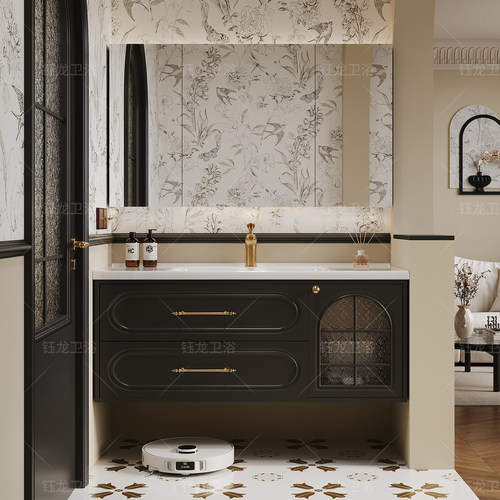 法式复古橡木浴室柜陶瓷一体盆2025新款轻奢黑色卫生间洗漱台定制