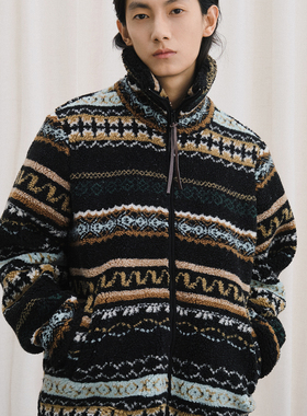 LIVINGTOWN定制复古花纹立领宽松保暖夹克撞色条纹摇粒绒休闲外套