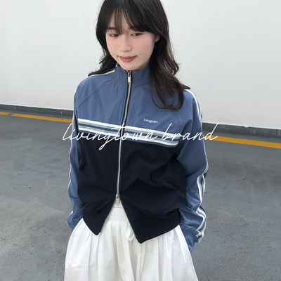 LIVINGTOWN秋季休闲宽松运动情侣夹克美式复古条纹拼接撞色外套