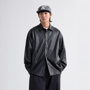 早秋衬衫 NUMBERSALT24AW日系休闲分割黑色皮衬衫 外套复古宽松长袖