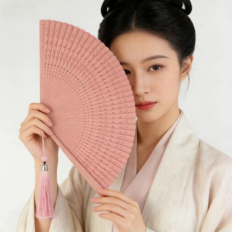 纯色蜻蜓竹扇中国风雕刻全竹制镂空折扇便携舞蹈专业女式古风扇子