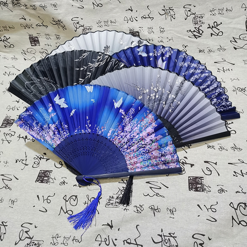 日式折扇古风中国长柄绢布