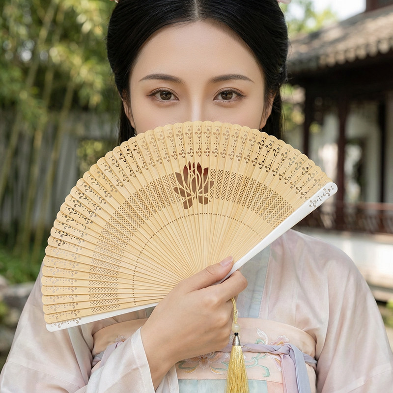 高档荷花扇全竹精品折扇中国风日式扇子女士高端扇镂空雕刻竹质扇