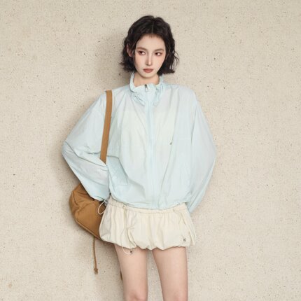 道木熙蓝色立领防晒衣冲锋衣外套女士夏季宽松薄款户外防晒服夹克