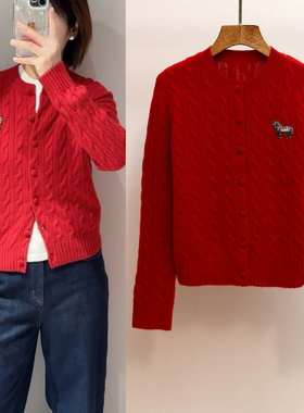 ER25秋冬新年红圆领麻花学院风生肖马针织开衫女红色卡通刺绣毛衣