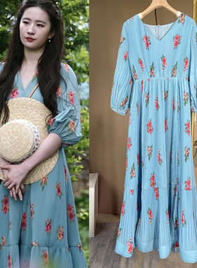 许红豆刘亦菲同款蓝色印花V领连衣裙女法式复古灯笼袖收腰长裙秋