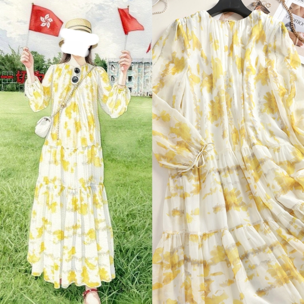 方媛同款黄色宽松印花长袖连衣裙女长款过膝度假风雪纺慵懒长裙夏