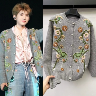 王源同款 女过年灰色打底毛衣春 圆领提花刺绣钉珠羊绒羊毛针织开衫