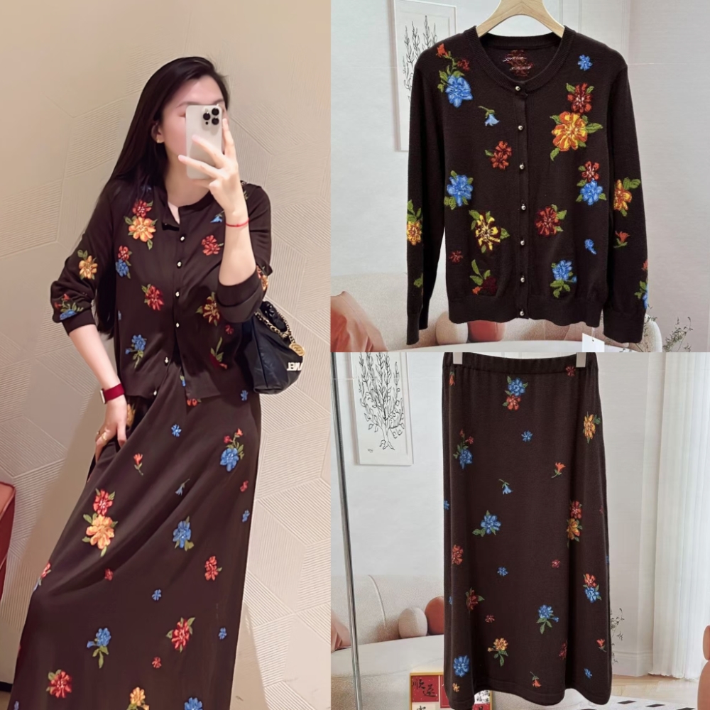 EP同款圆领套头印花刺绣羊毛针织开衫女薄百搭针织半裙两件套套裙