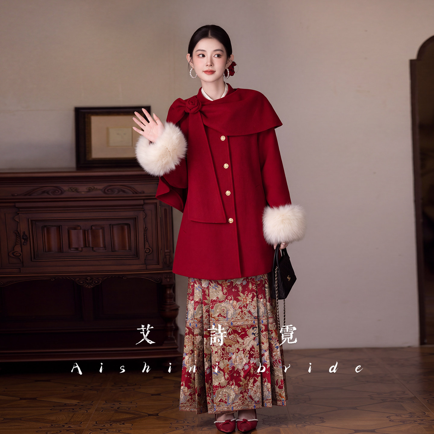 艾诗霓红色羊毛大衣新娘毛呢套装2026新款小个子订婚敬酒礼服女冬
