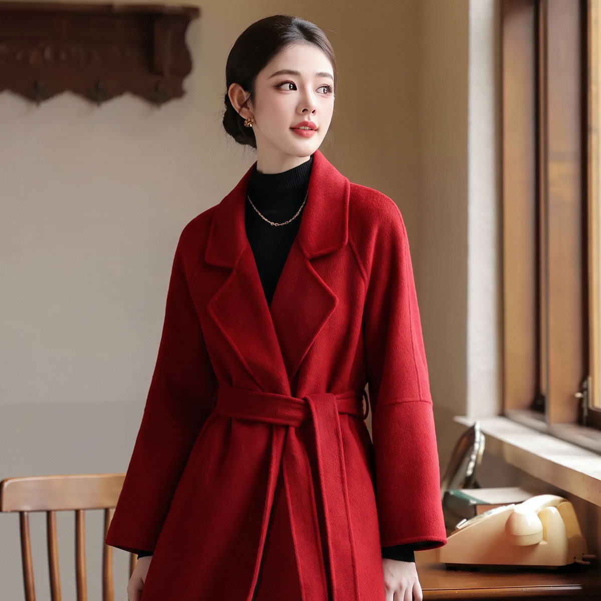 【100%绵羊毛】红色大衣新娘结婚敬酒礼服双面毛呢外套千金冬装女