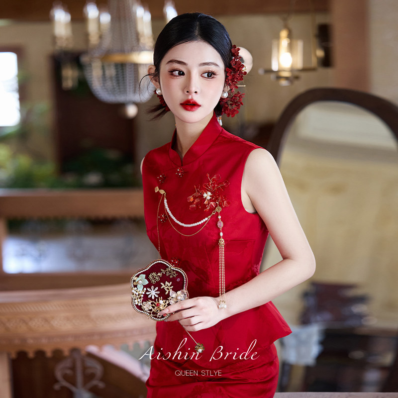 艾诗霓《红蔷薇》敬酒服旗袍两件套新娘订婚鱼尾礼服无袖春夏新款