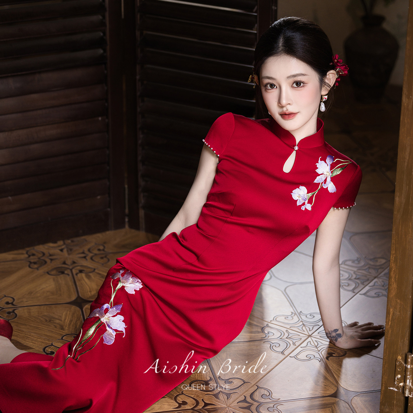 艾诗霓《花漫》敬酒服红色旗袍夏季新娘小个子结婚订婚礼服裙女
