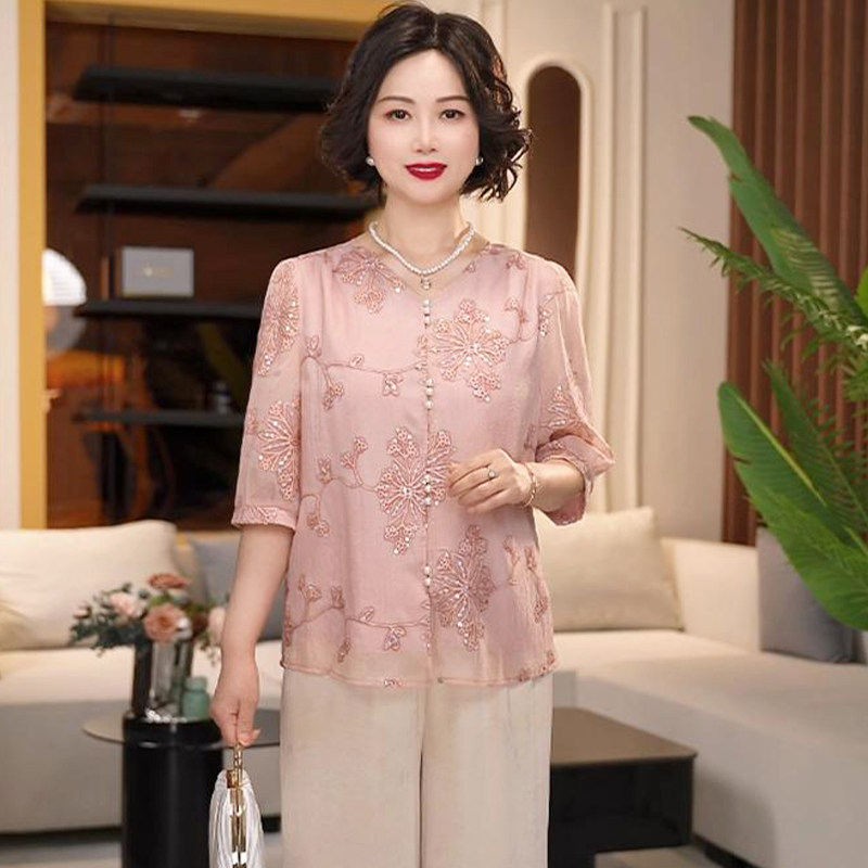 新中式V领五分袖亮片刺绣衬衫套装Z气质国风中老年妈妈夏装两件套