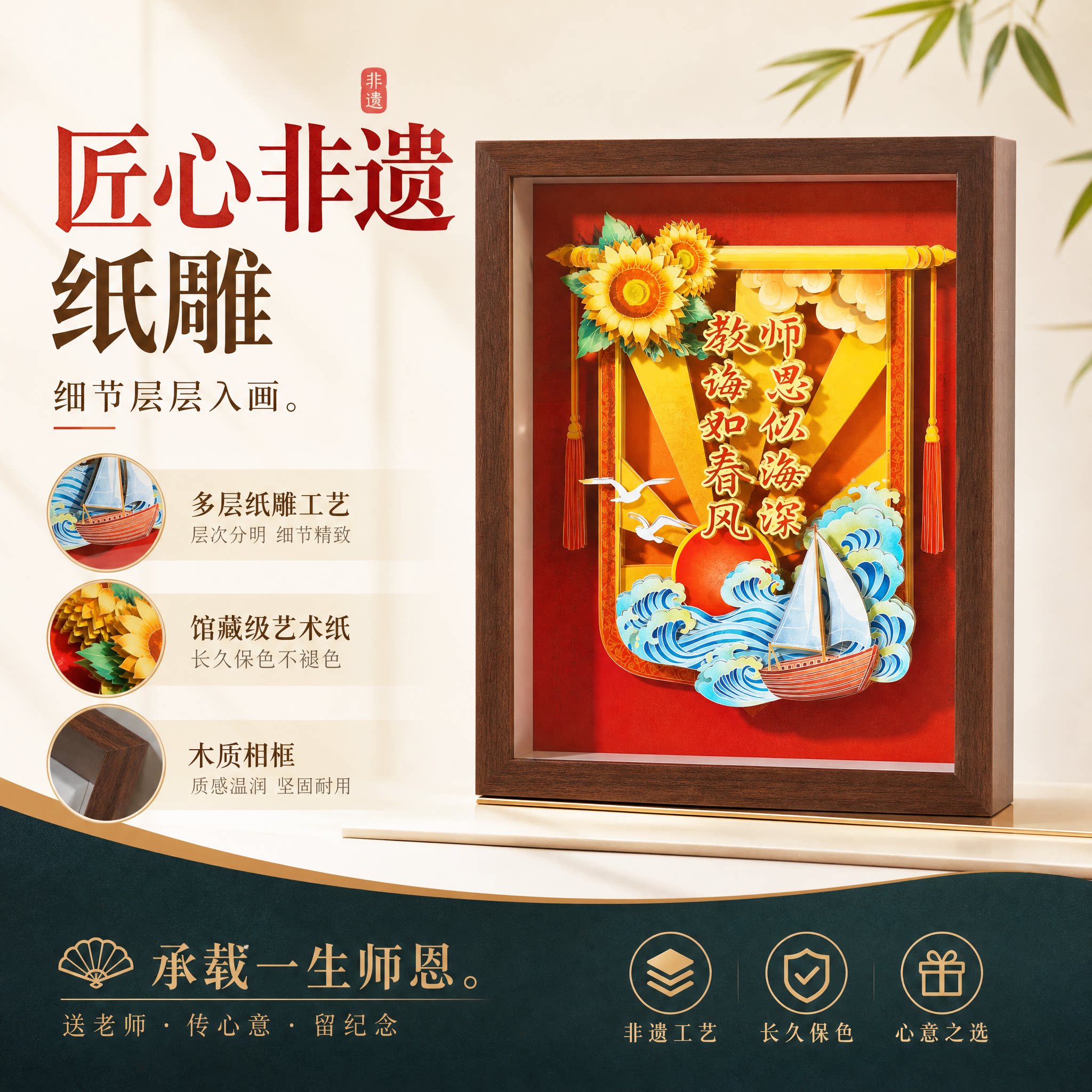 国潮立体纸艺教师节木质相框礼盒