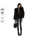 itsdinn V领毛毛大衣 100貉毛编织真皮草外套女黑色短款