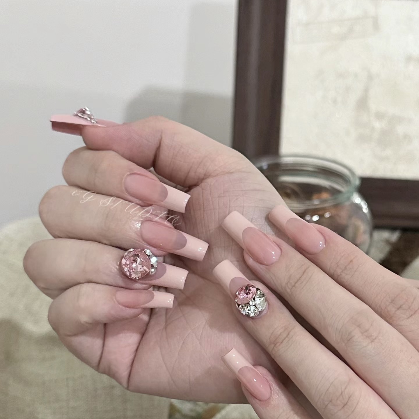 金金酱橡皮粉法式东洲堆钻纯欲美甲巨温柔款手工定制穿戴甲,彩妆/香水/美妆工具,穿戴甲/甲片,淘宝优惠券,粉丝福利购,淘宝优惠卷