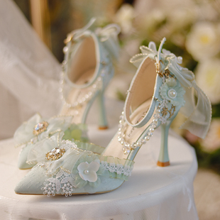 lolita高跟鞋子一夜物语花嫁蝶恋花梦若草色尖头高跟鞋细跟lo鞋