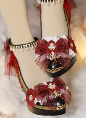 原创一夜物语正品古风欧式lolita鞋囚牛手作花嫁高跟鞋洛丽塔黑红